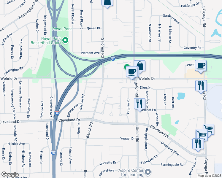 map of restaurants, bars, coffee shops, grocery stores, and more near 90 Ellen Drive in Buffalo