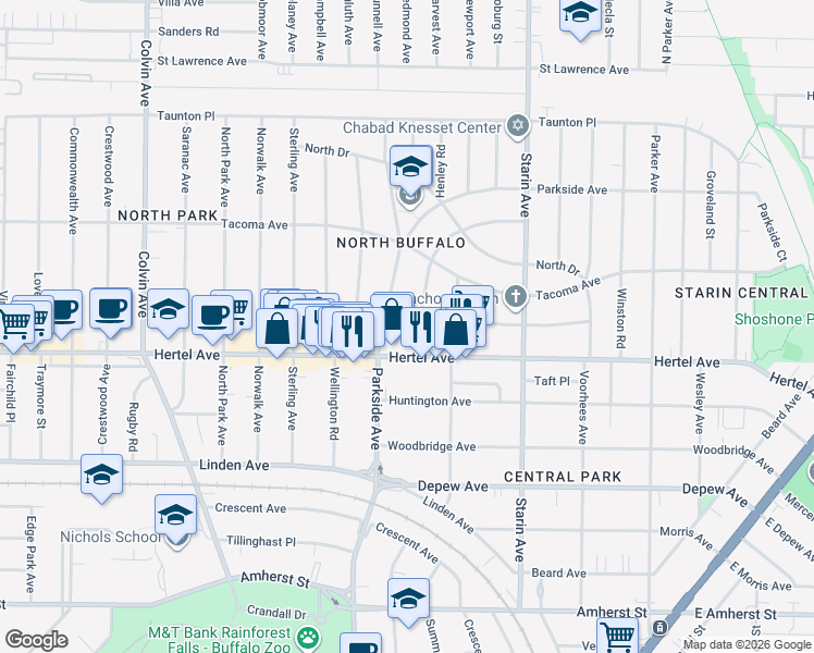 map of restaurants, bars, coffee shops, grocery stores, and more near 1598 Hertel Avenue in Buffalo
