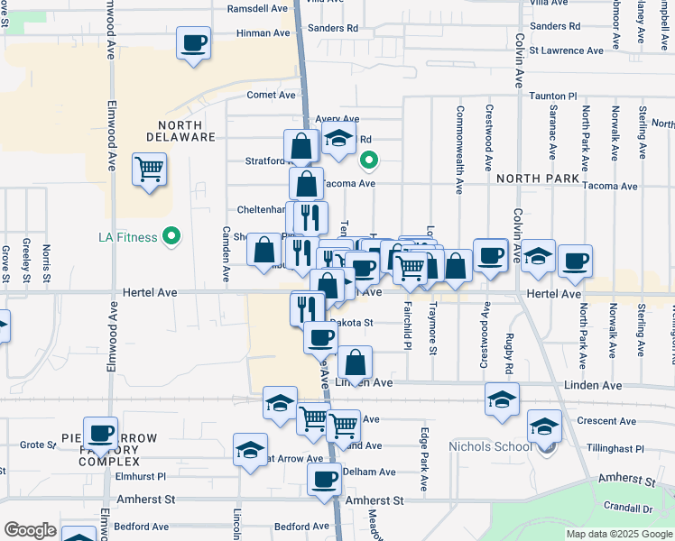 map of restaurants, bars, coffee shops, grocery stores, and more near 1116 Hertel Avenue in Buffalo
