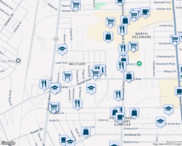 map of restaurants, bars, coffee shops, grocery stores, and more near 674 Hertel Avenue in Buffalo