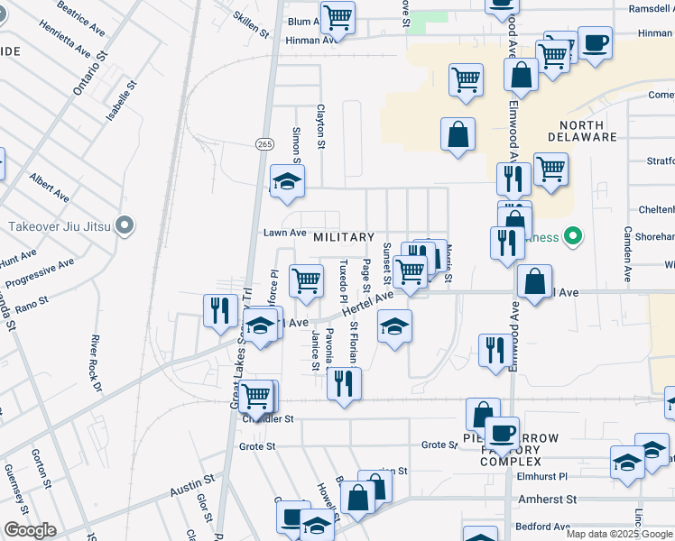 map of restaurants, bars, coffee shops, grocery stores, and more near 36 Tuxedo Place in Buffalo