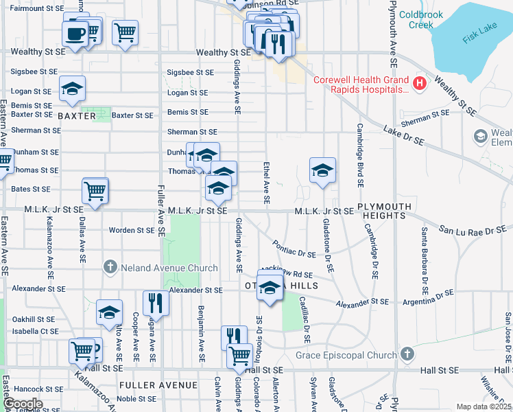 map of restaurants, bars, coffee shops, grocery stores, and more near 1415 Pontiac Road Southeast in Grand Rapids