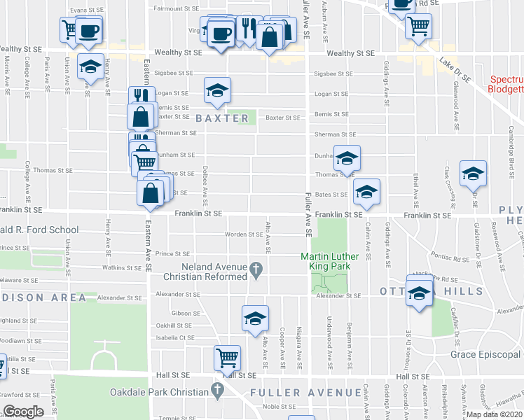 map of restaurants, bars, coffee shops, grocery stores, and more near 1044 Franklin Street Southeast in Grand Rapids