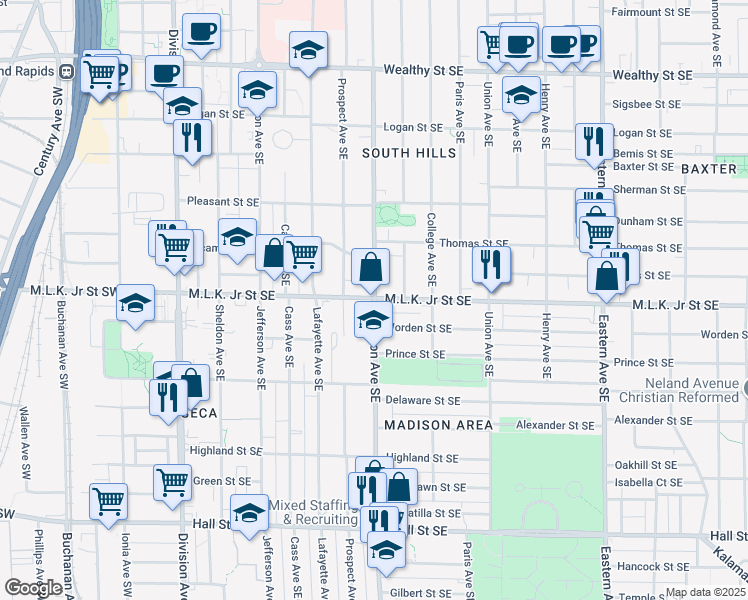map of restaurants, bars, coffee shops, grocery stores, and more near 816 Madison Avenue Southeast in Grand Rapids
