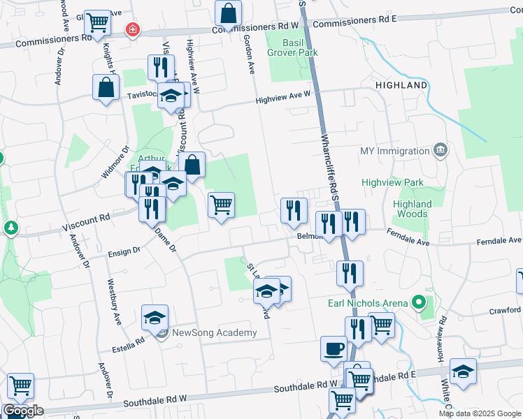 map of restaurants, bars, coffee shops, grocery stores, and more near 135 Belmont Drive in London
