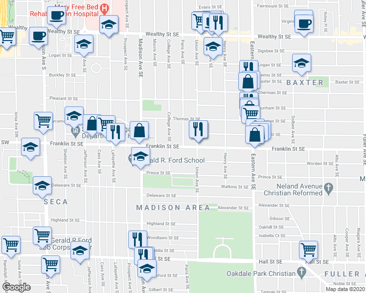 map of restaurants, bars, coffee shops, grocery stores, and more near 6731 Paris Avenue Southeast in Grand Rapids
