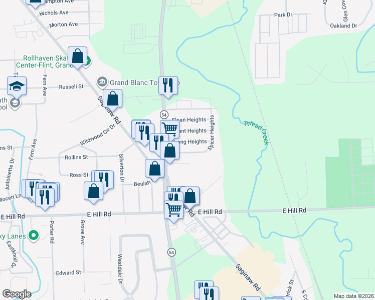map of restaurants, bars, coffee shops, grocery stores, and more near 3049 Baker Heights in Flint