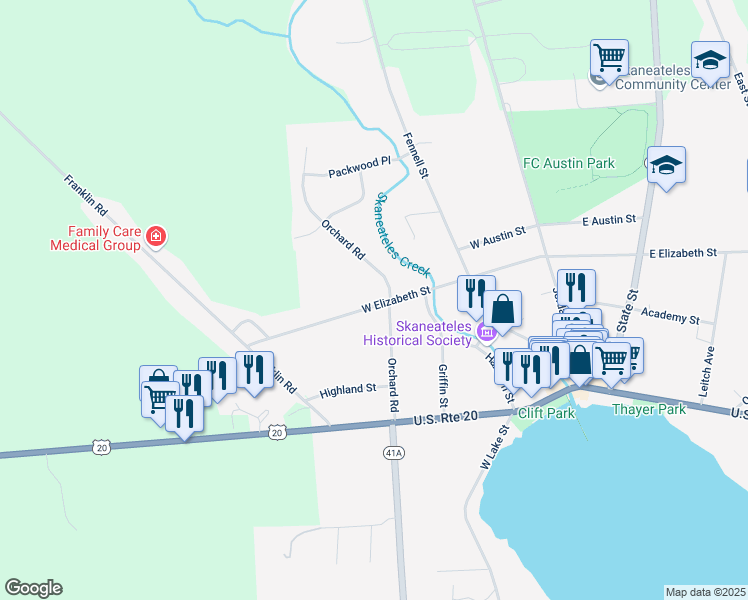 map of restaurants, bars, coffee shops, grocery stores, and more near 67 West Elizabeth Street in Skaneateles