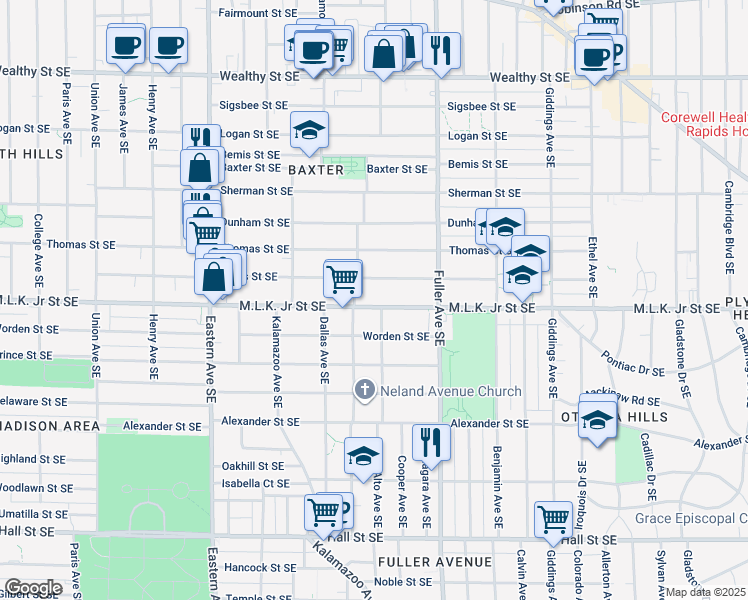 map of restaurants, bars, coffee shops, grocery stores, and more near 1053 Franklin Street Southeast in Grand Rapids