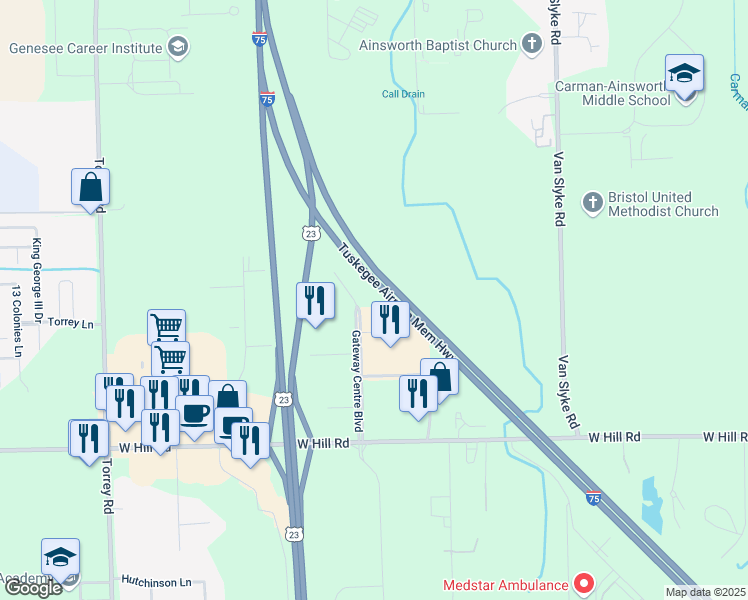 map of restaurants, bars, coffee shops, grocery stores, and more near 5201 Gateway Center in Flint