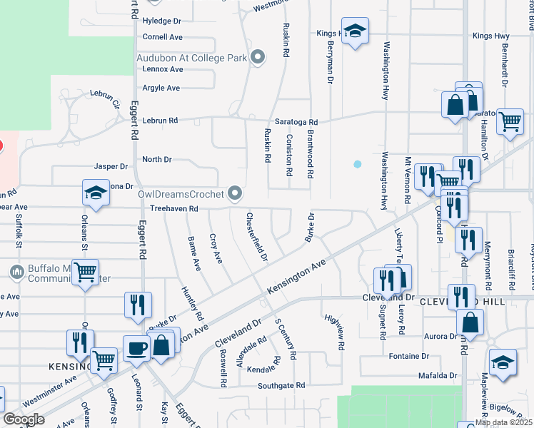 map of restaurants, bars, coffee shops, grocery stores, and more near 75 Chesterfield Drive in Buffalo