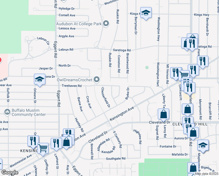 map of restaurants, bars, coffee shops, grocery stores, and more near 75 Chesterfield Drive in Buffalo