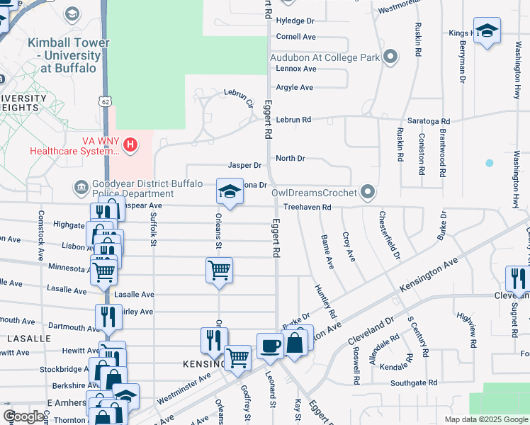map of restaurants, bars, coffee shops, grocery stores, and more near 637 Highgate Avenue in Buffalo