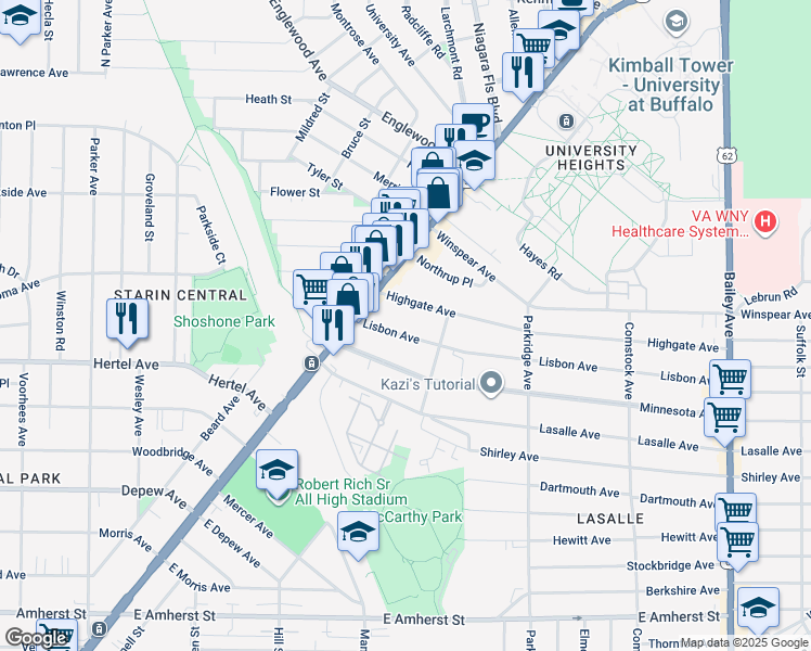 map of restaurants, bars, coffee shops, grocery stores, and more near 55 Lisbon Avenue in Buffalo