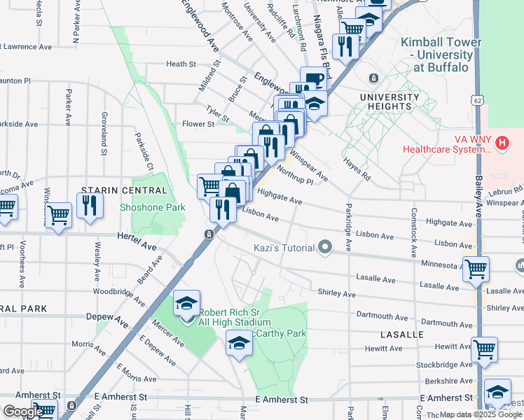 map of restaurants, bars, coffee shops, grocery stores, and more near 55 Lisbon Avenue in Buffalo