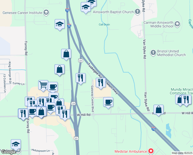 map of restaurants, bars, coffee shops, grocery stores, and more near 5201 Gateway Center in Flint