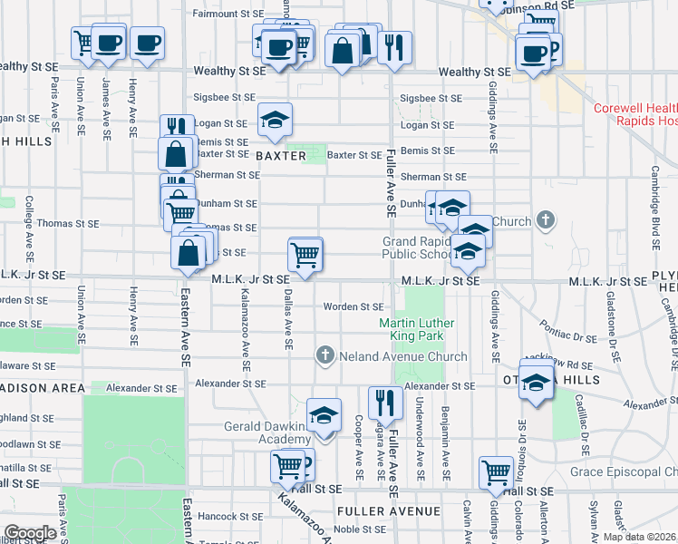 map of restaurants, bars, coffee shops, grocery stores, and more near 1044 Franklin Street Southeast in Grand Rapids