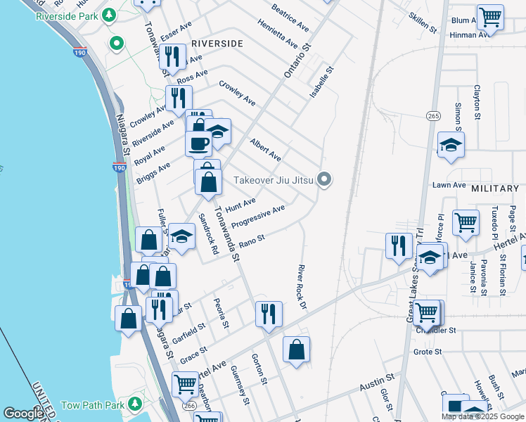 map of restaurants, bars, coffee shops, grocery stores, and more near in Buffalo