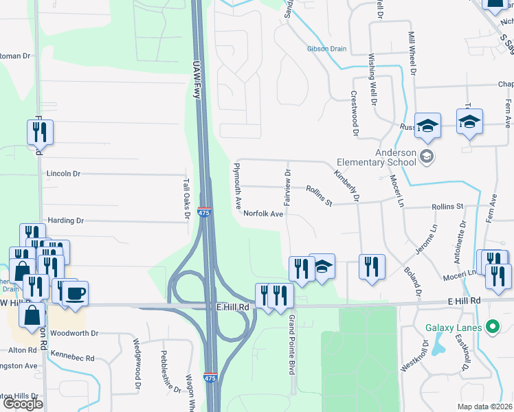 map of restaurants, bars, coffee shops, grocery stores, and more near 1316 Norfolk Avenue in Grand Blanc