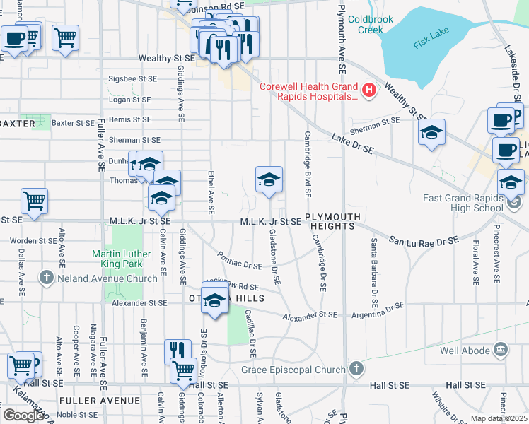 map of restaurants, bars, coffee shops, grocery stores, and more near in East Grand Rapids