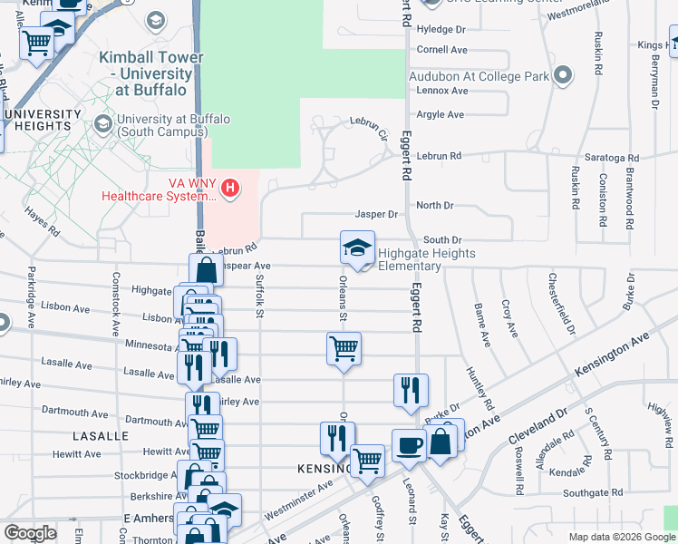 map of restaurants, bars, coffee shops, grocery stores, and more near 555 Highgate Avenue in Buffalo