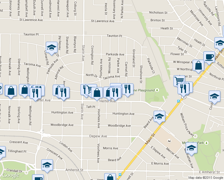 map of restaurants, bars, coffee shops, grocery stores, and more near 11 Winston Road in Buffalo