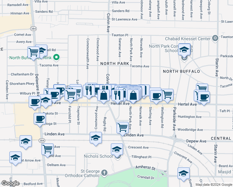 map of restaurants, bars, coffee shops, grocery stores, and more near 1350 Hertel Avenue in Buffalo