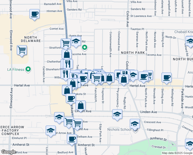 map of restaurants, bars, coffee shops, grocery stores, and more near in Buffalo