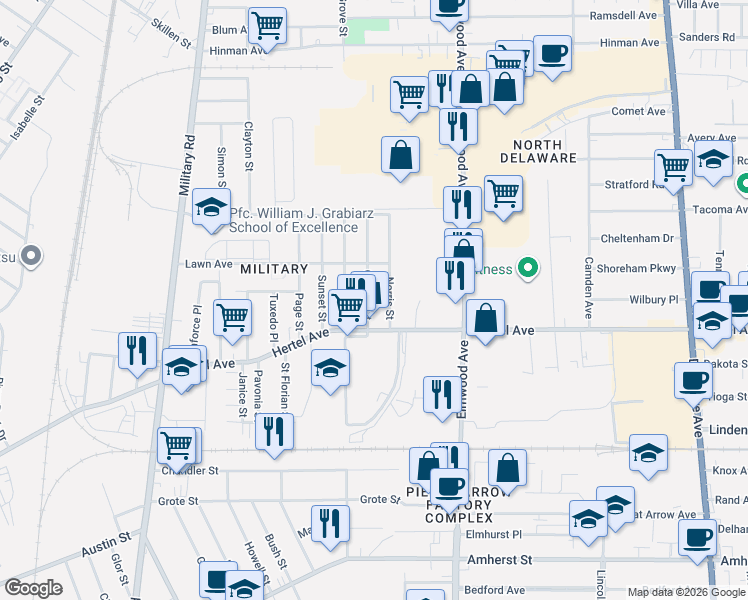 map of restaurants, bars, coffee shops, grocery stores, and more near 710 Hertel Avenue in Buffalo