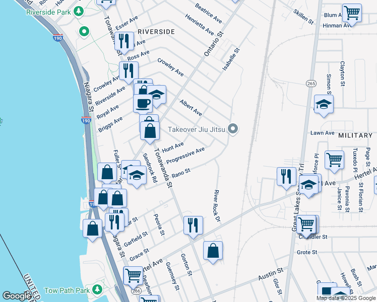 map of restaurants, bars, coffee shops, grocery stores, and more near 64 Progressive Avenue in Buffalo