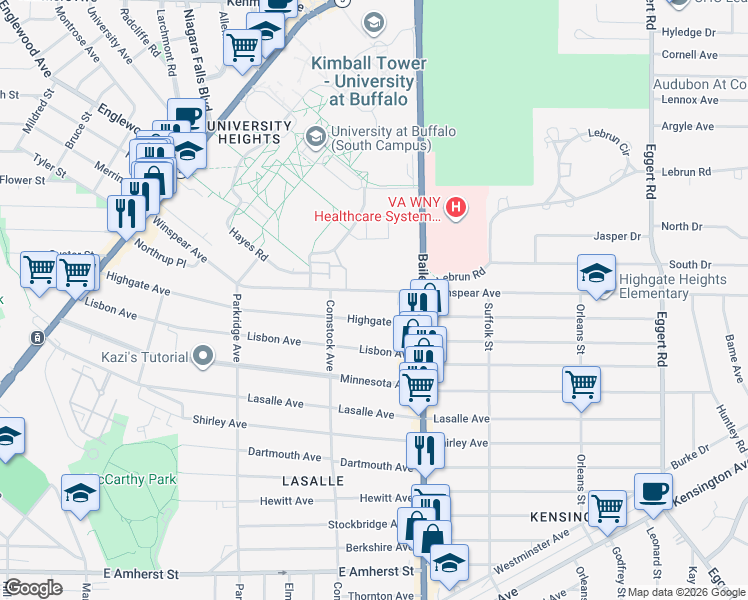 map of restaurants, bars, coffee shops, grocery stores, and more near 315 Highgate Avenue in Buffalo