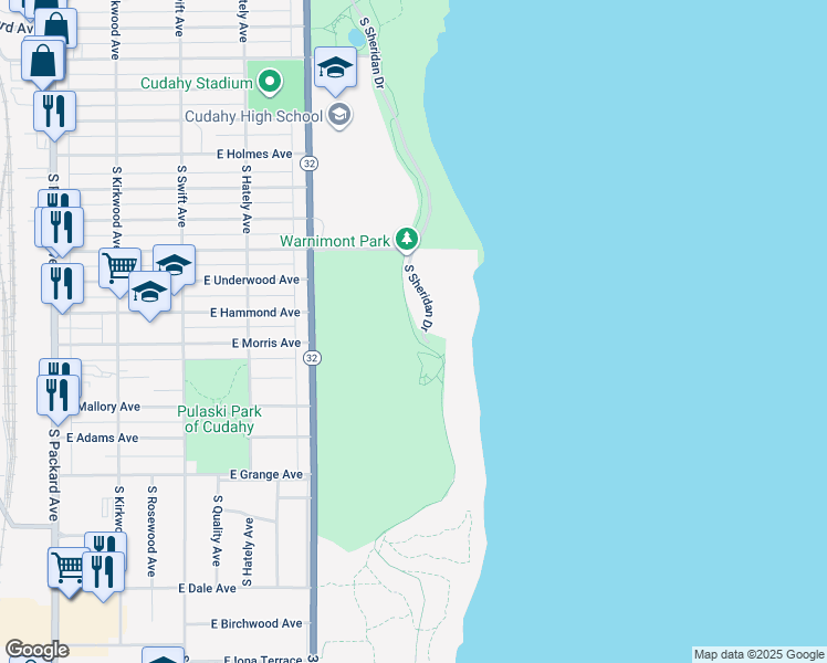 map of restaurants, bars, coffee shops, grocery stores, and more near Oak Leaf Trail in Cudahy