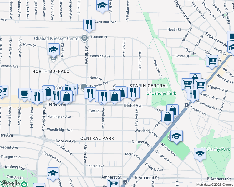 map of restaurants, bars, coffee shops, grocery stores, and more near 11 Winston Road in Buffalo