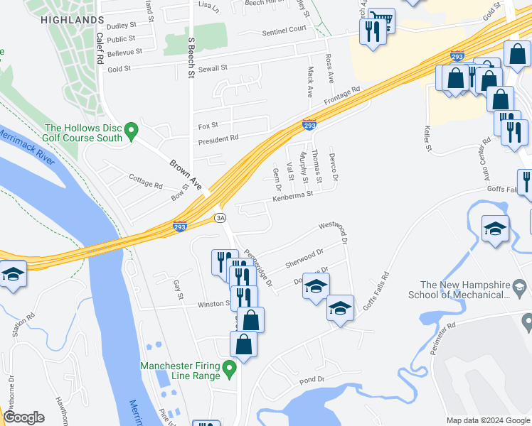 map of restaurants, bars, coffee shops, grocery stores, and more near 11 Townhouse Road in Manchester