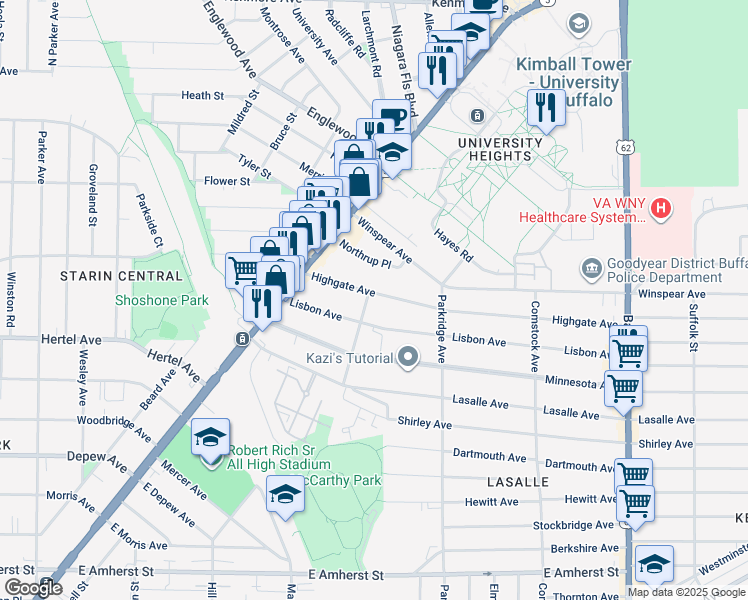 map of restaurants, bars, coffee shops, grocery stores, and more near 98 Lisbon Avenue in Buffalo