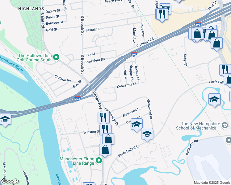 map of restaurants, bars, coffee shops, grocery stores, and more near 4 Townhouse Road in Manchester