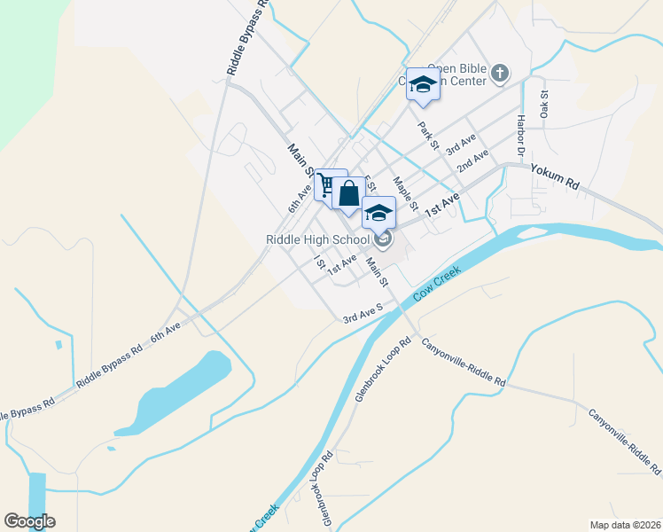 map of restaurants, bars, coffee shops, grocery stores, and more near 211 2nd Avenue South in Riddle