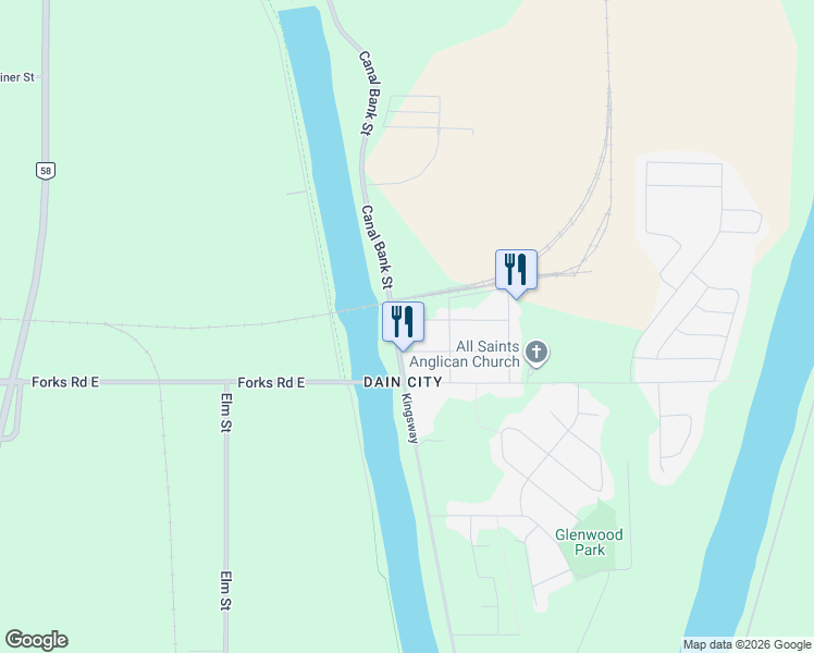 map of restaurants, bars, coffee shops, grocery stores, and more near 17 Huron Street in Welland
