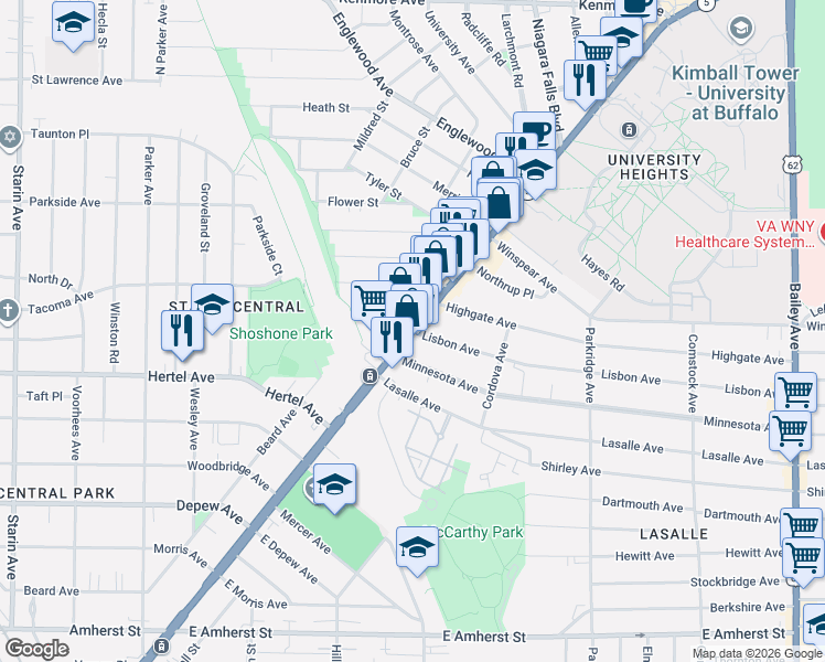 map of restaurants, bars, coffee shops, grocery stores, and more near in Buffalo