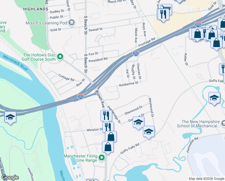 map of restaurants, bars, coffee shops, grocery stores, and more near 98 Townhouse Road in Manchester