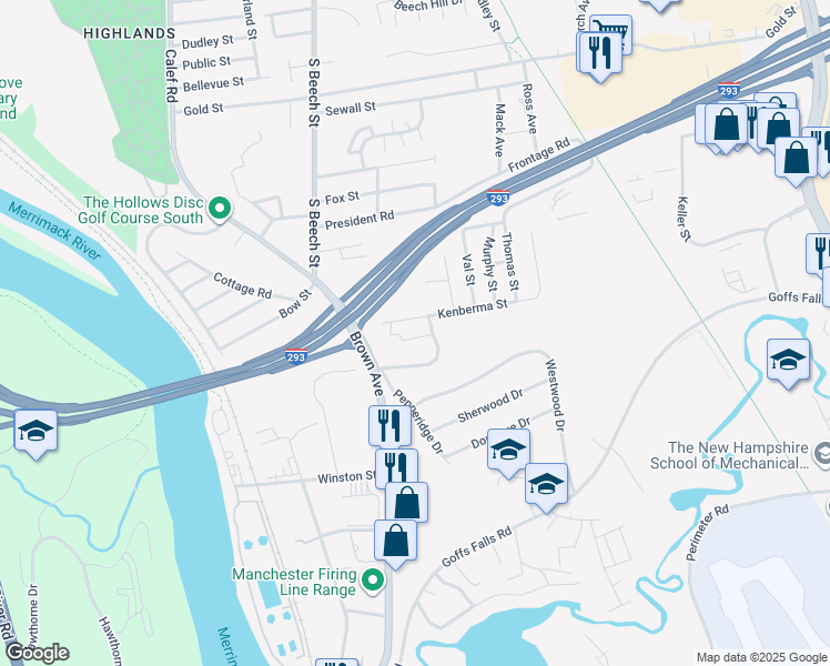 map of restaurants, bars, coffee shops, grocery stores, and more near 96 Townhouse Road in Manchester