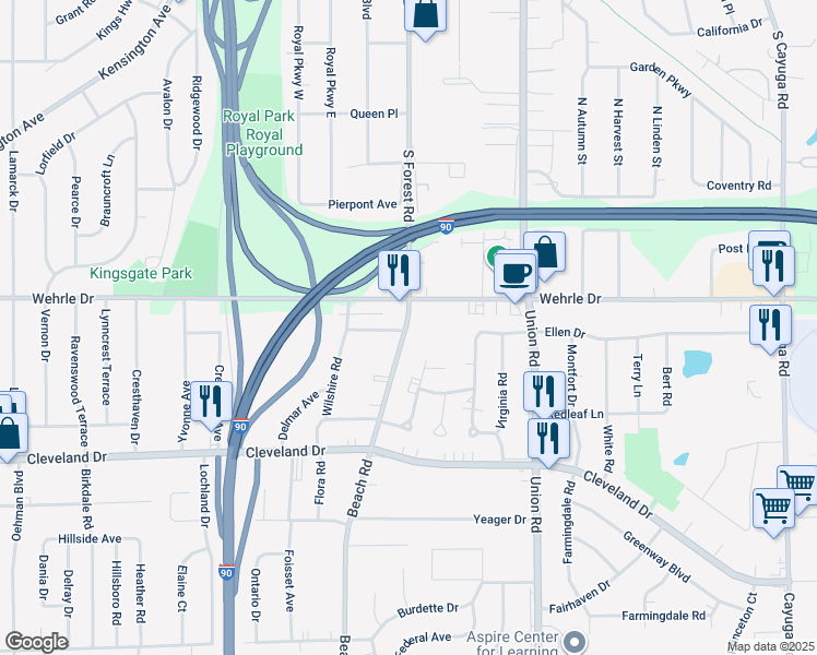 map of restaurants, bars, coffee shops, grocery stores, and more near 402 South Forest Road in Buffalo
