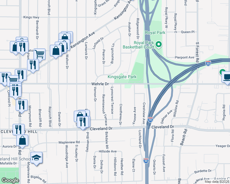 map of restaurants, bars, coffee shops, grocery stores, and more near 123 Lynncrest Terrace in Buffalo