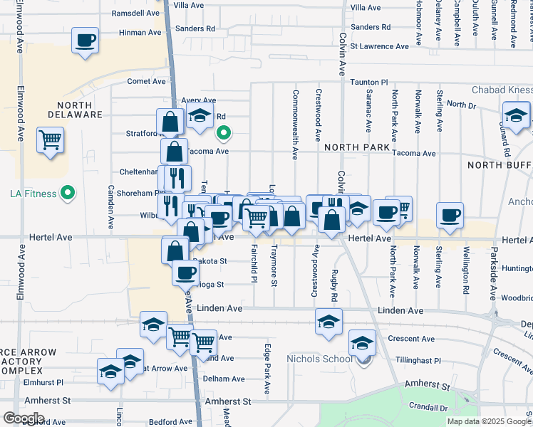 map of restaurants, bars, coffee shops, grocery stores, and more near 55 Virgil Avenue in Buffalo