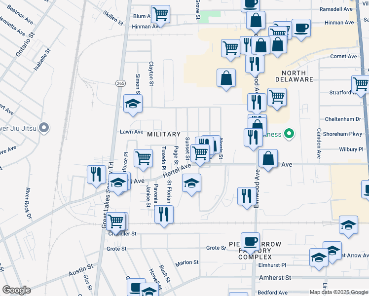 map of restaurants, bars, coffee shops, grocery stores, and more near 71 Page Street in Buffalo