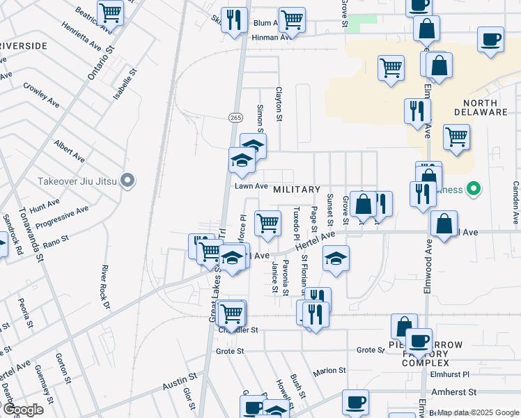 map of restaurants, bars, coffee shops, grocery stores, and more near 91a Jasper Parrish Drive in Buffalo
