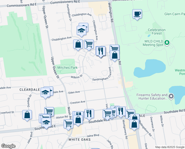map of restaurants, bars, coffee shops, grocery stores, and more near 400 Sandringham Crescent in London