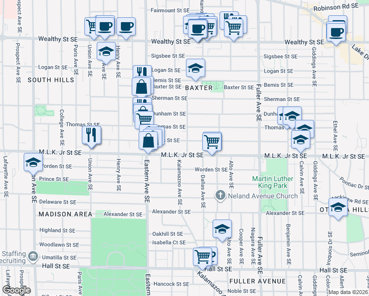 map of restaurants, bars, coffee shops, grocery stores, and more near 933 Bates Street Southeast in Grand Rapids