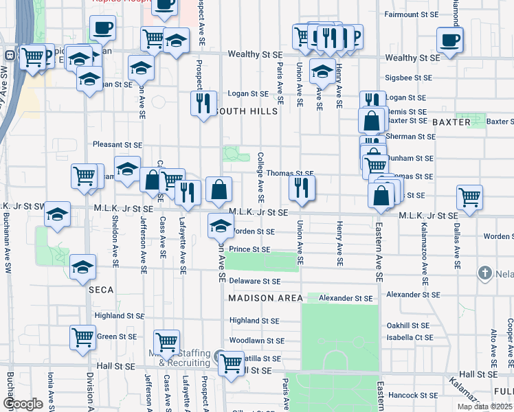 map of restaurants, bars, coffee shops, grocery stores, and more near 726 Morris Avenue Southeast in Grand Rapids