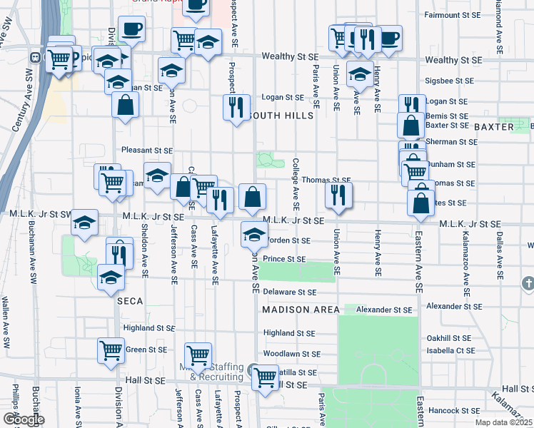 map of restaurants, bars, coffee shops, grocery stores, and more near 726 Madison Avenue Southeast in Grand Rapids